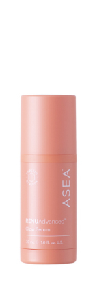 Pink bottle of Asea glow serum on a white background
