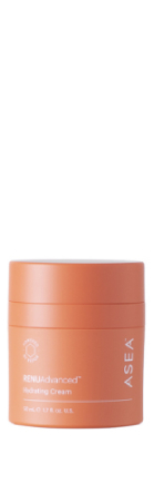 Orange tub of Asea hydrating cream on a white background