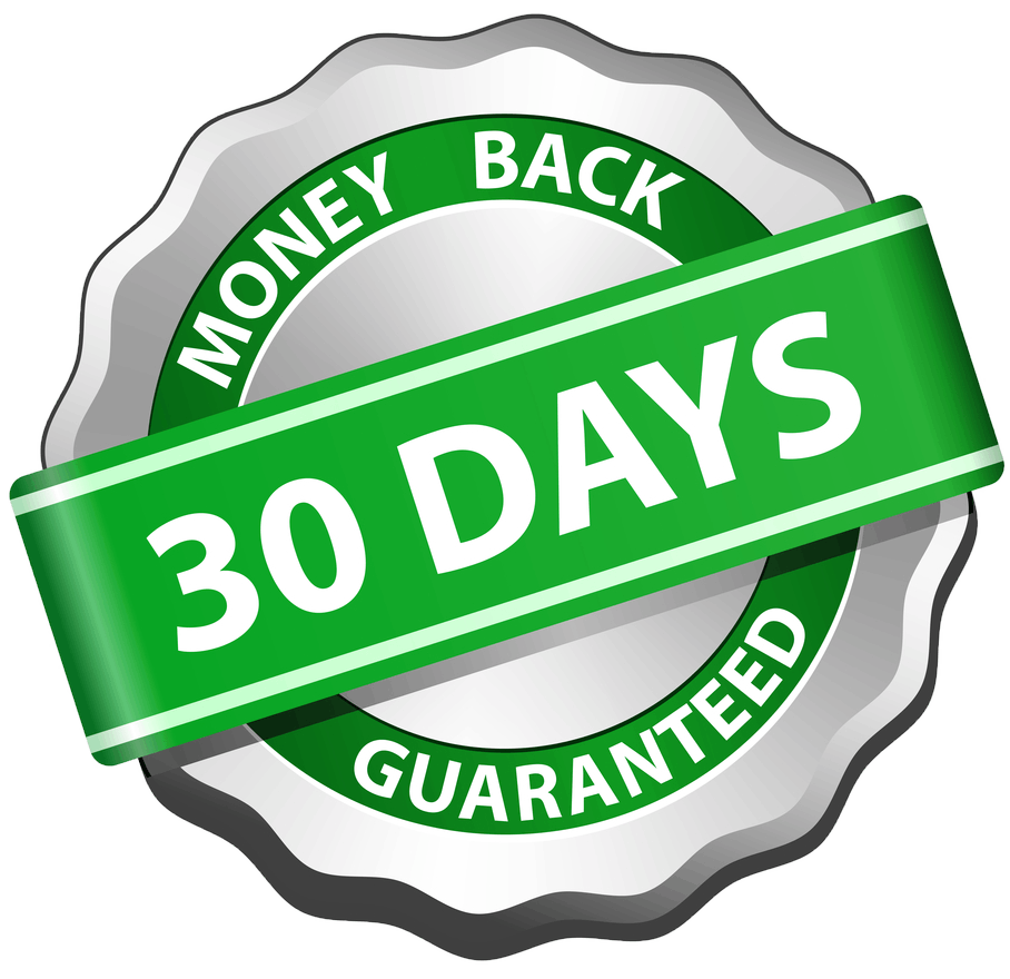 Green and grey badge which says 30 day money back guarentee